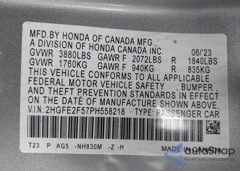 2023 Honda Civic Sport z USA, uszkodzony, nr VIN 2HGFE2F57PH558218